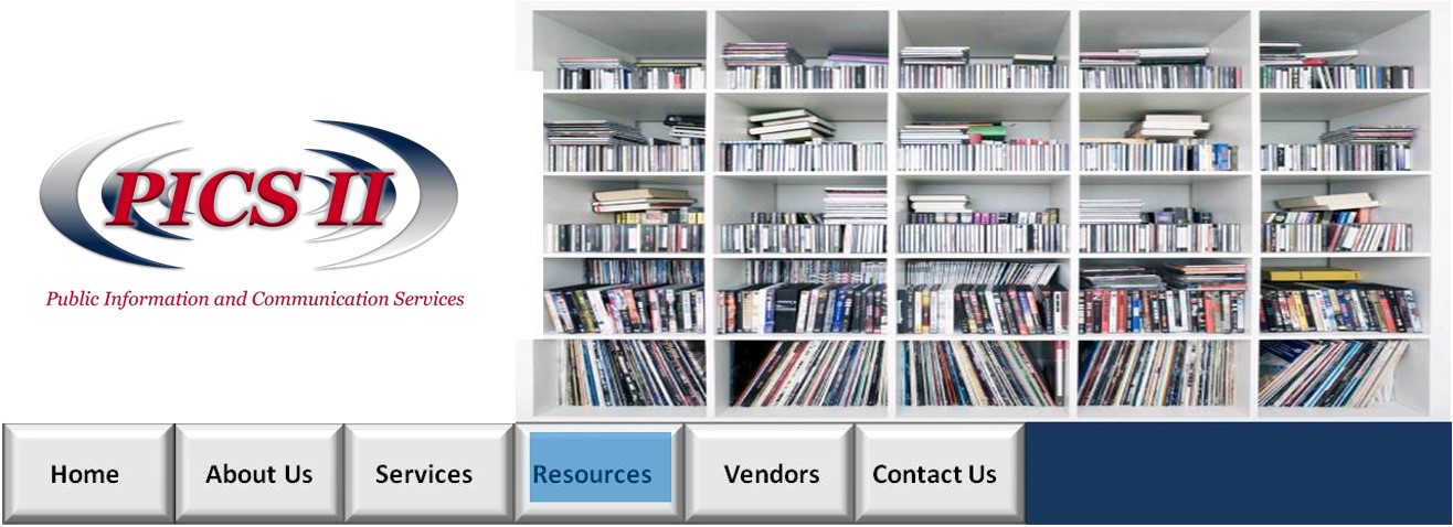 Top Photo with PICS logo and photo of bookshelves