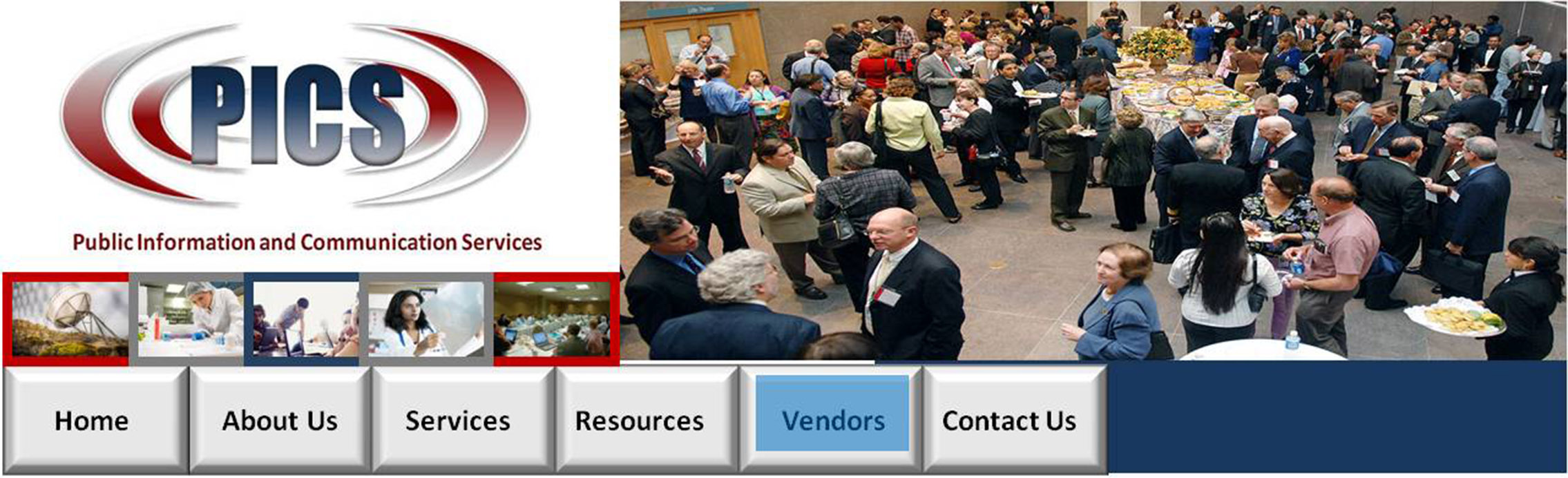 Top Photo with PICS logo and photo of people mingling at a conference